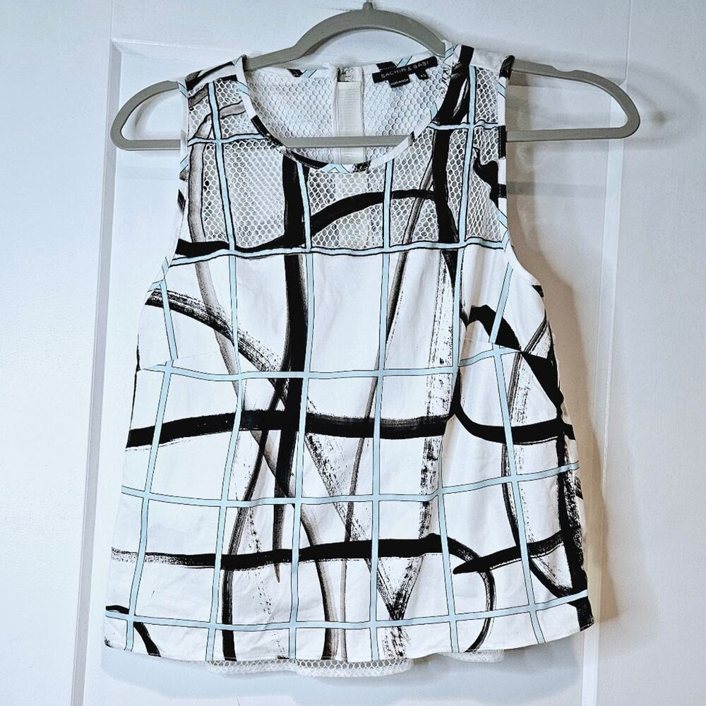 Sachin & Babi Abstract Grid Print Sleeveless Mesh Overlay Top